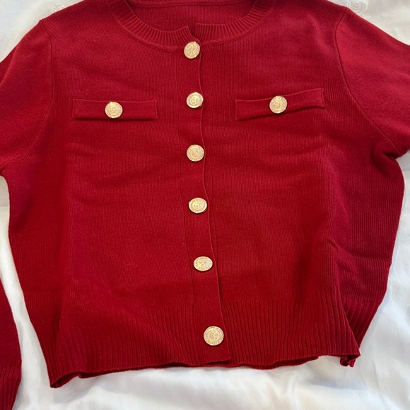 Stylish Red Cardigan and Skirt Ensemble - Picture 4 of 6